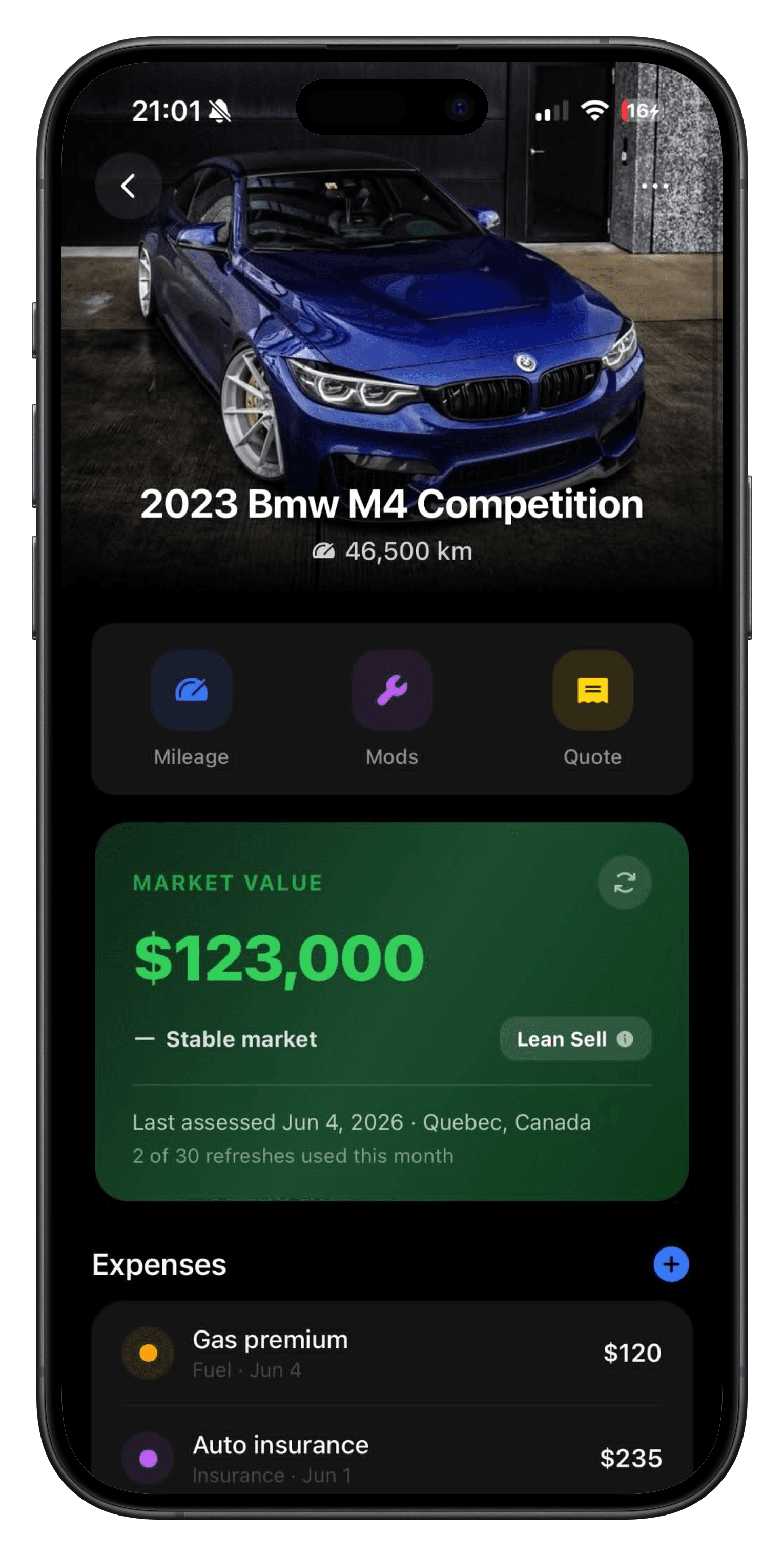 Odo showing the live market value of a 2023 BMW M4 Competition